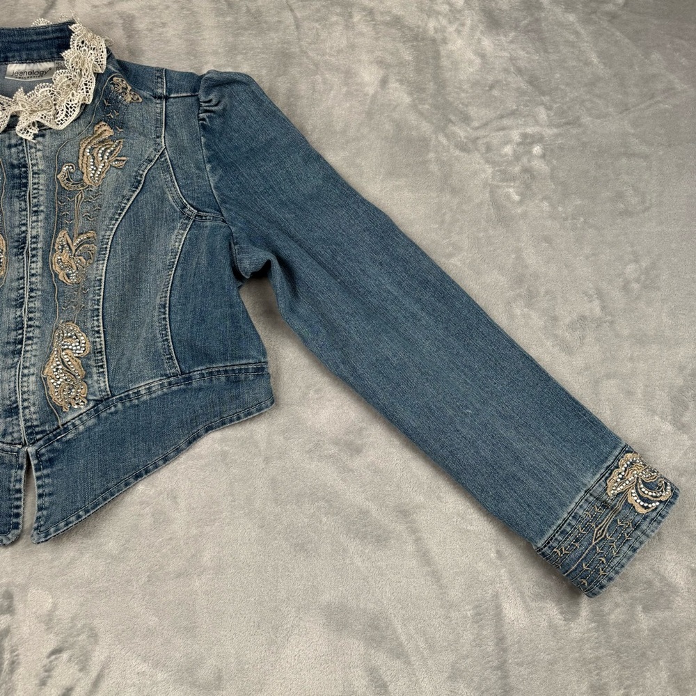 Vintage 90s Y2k Denim Jacket Womens Sz 12 Lace Fairy Whimsygoth Embroidered - Picture 10 of 13